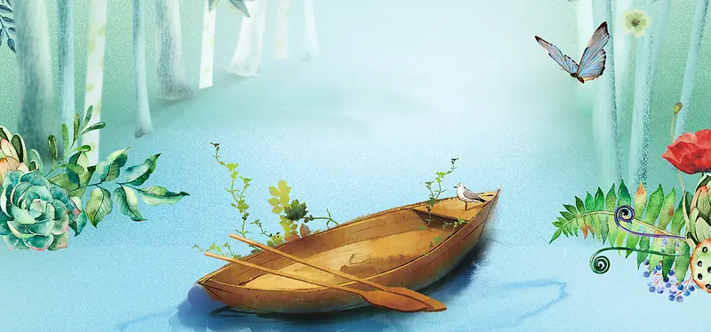 夏季划船出游绿色手绘背景