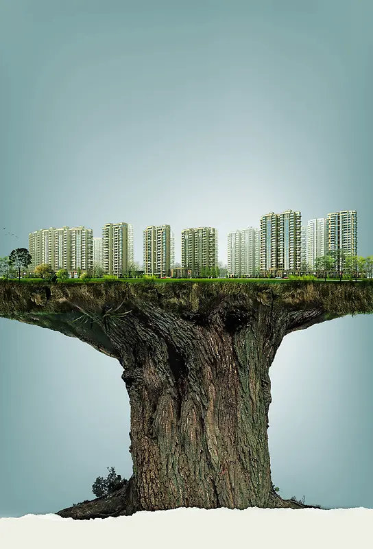 创意城市建筑大树背景素材