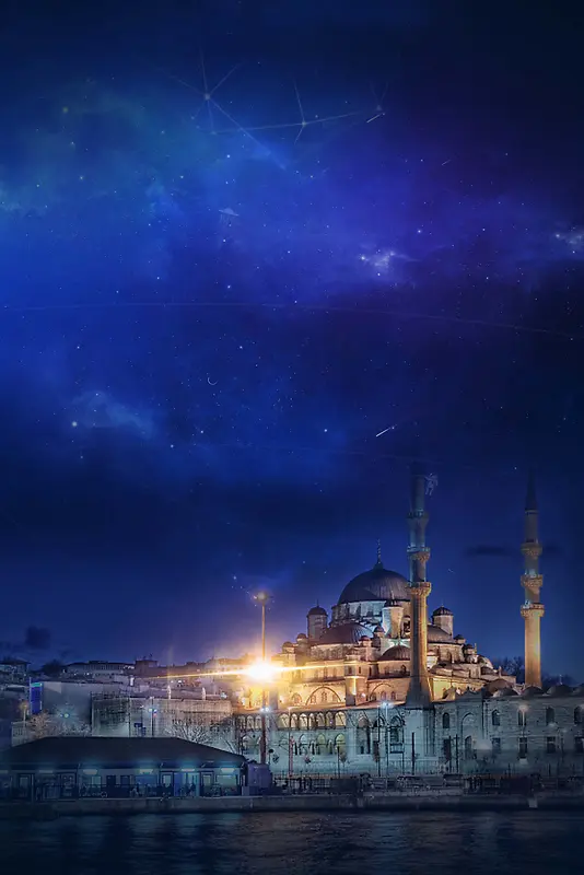 蓝色大气梦幻土耳其美景海报背景
