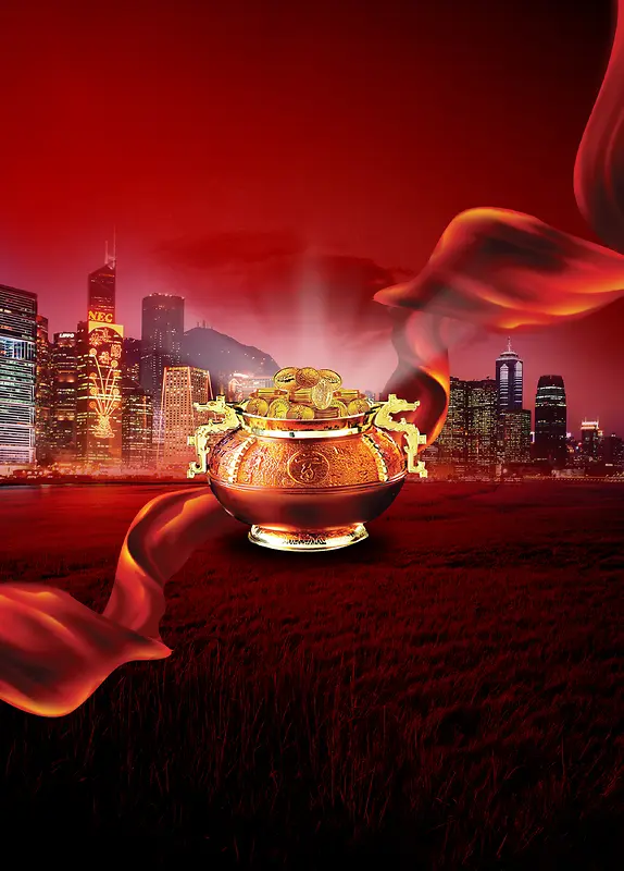 红色大气聚宝盆金融海报背景素材