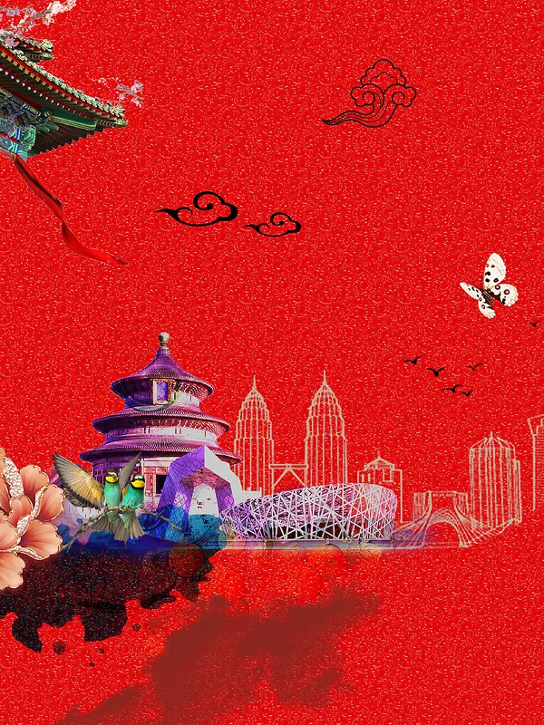 红色底纹城市建筑旅行北京天坛背景素材