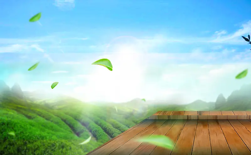 蓝天白云绿色茶园木板展台飘叶落叶背景素材