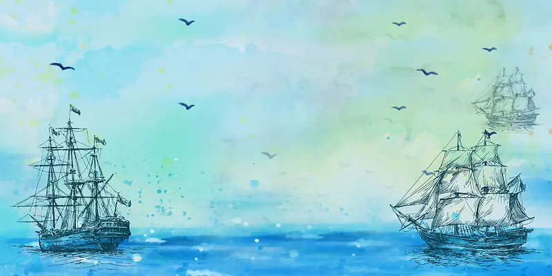 蓝色清新手绘背景扬帆起航商业户外背景素材