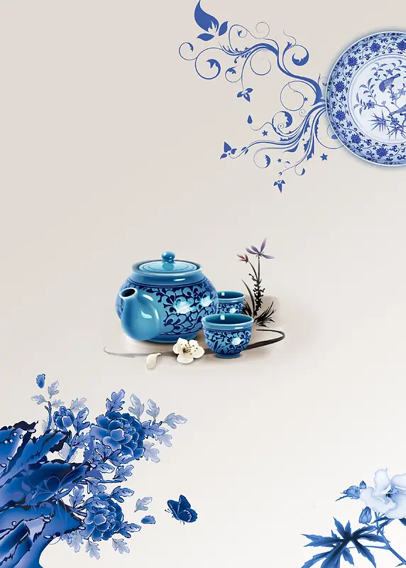 青花瓷茶具海报背景素材