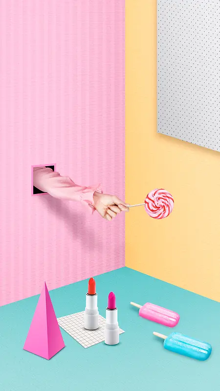 温馨糖果色3D立体冰棒糖果口红海报背景