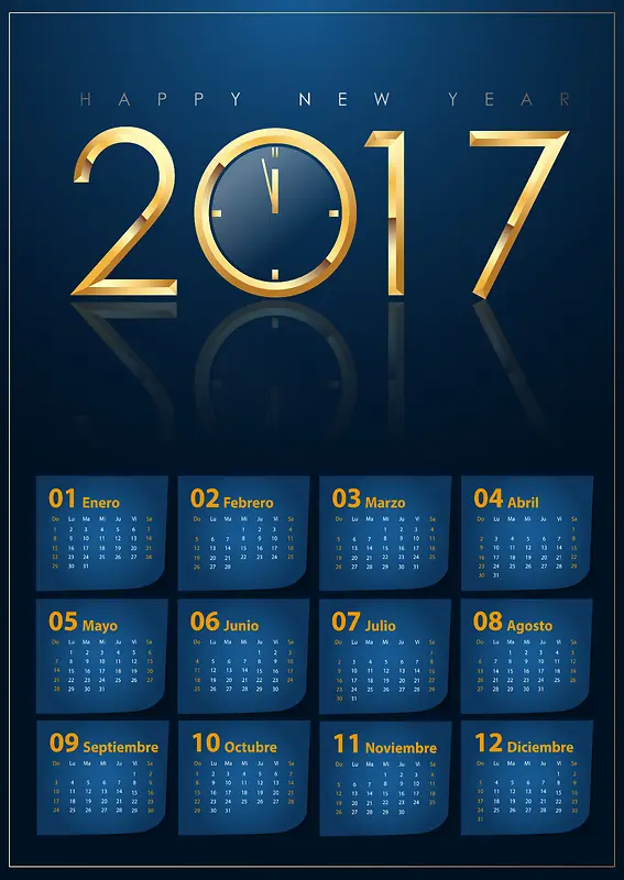 蓝色时尚简约2017新年日历矢量背景素材