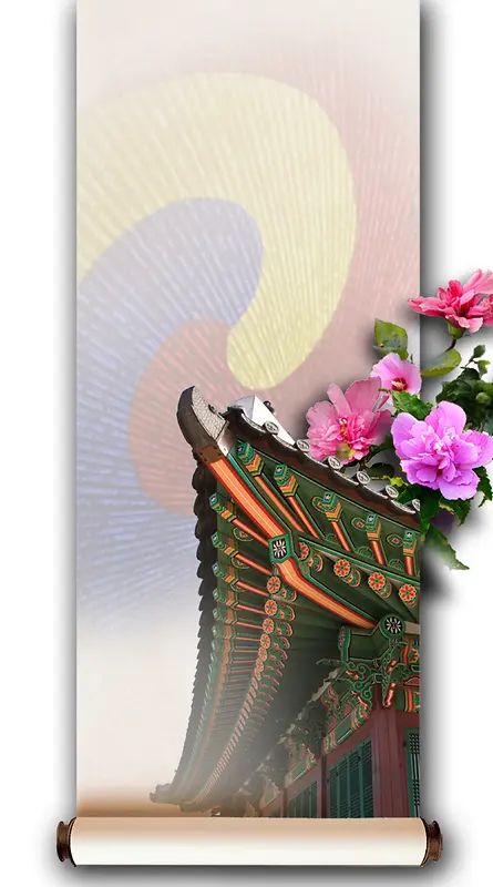 韩国古典建筑花朵画轴文明公益广告背景素材
