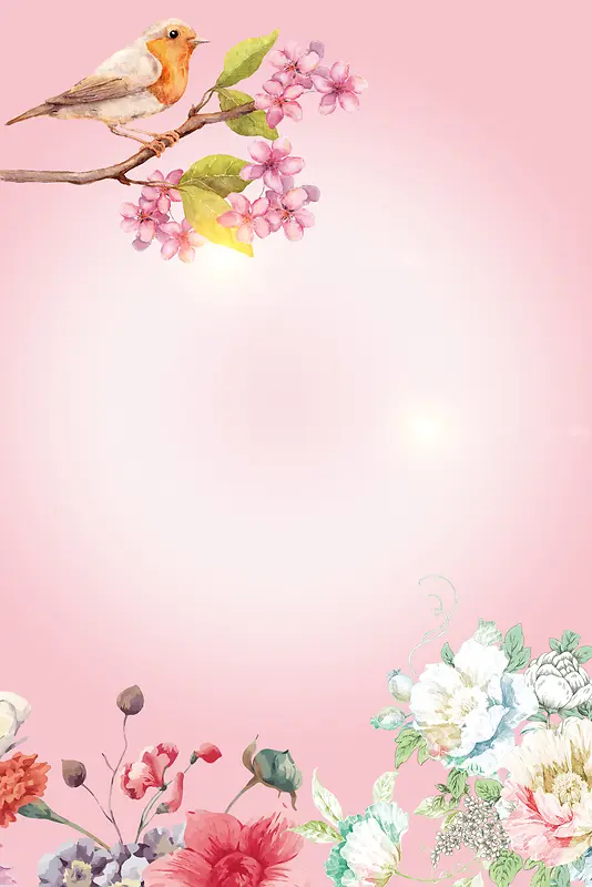 粉色水彩花鸟背景素材