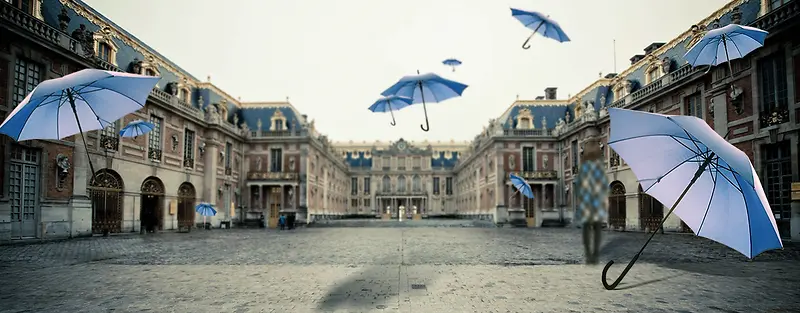 城市街头雨伞banner