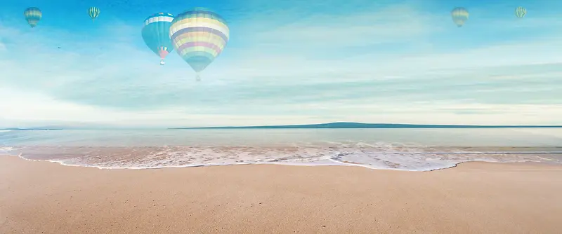 初夏海边度假梦幻热气球蓝色背景