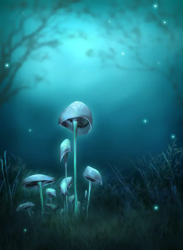 格林童话魔幻蘑菇蓝色背景