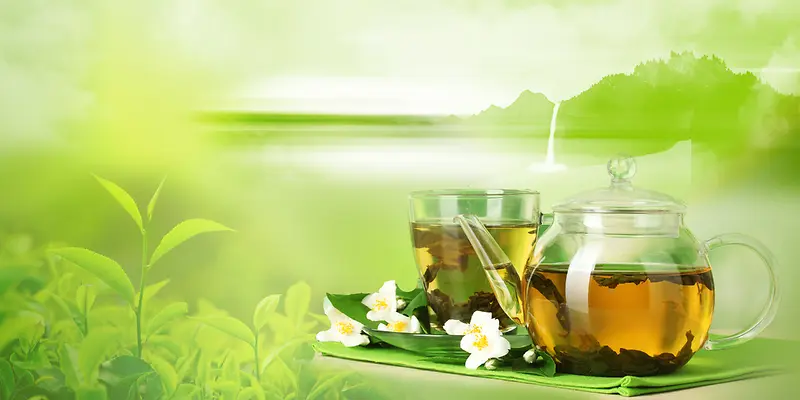 绿色清新远山茶叶花茶玻璃茶具海报背景