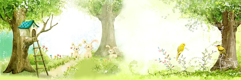 清新手绘森林兔子小鸟背景图