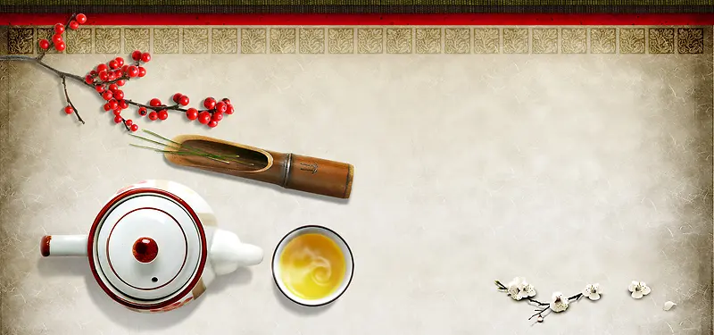  茶杯花茶水竹板红果子茶壶海报banner