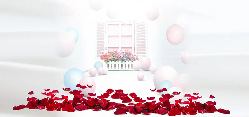 气球和田园小窗户玫瑰花瓣铺满地面
