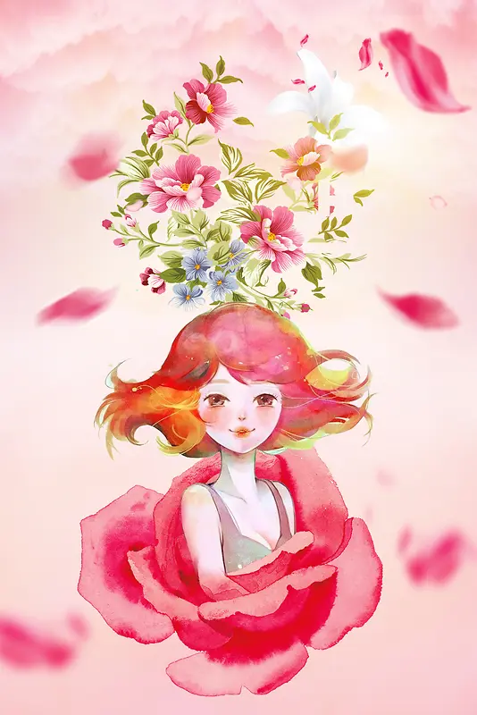粉色手绘少女美丽女生节海报背景素材
