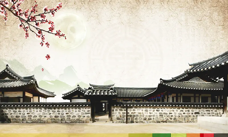 韩国围墙别院桃花印刷背景