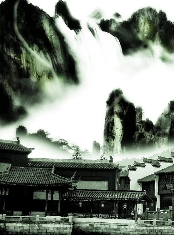 中国风古村高山绿色背景素材