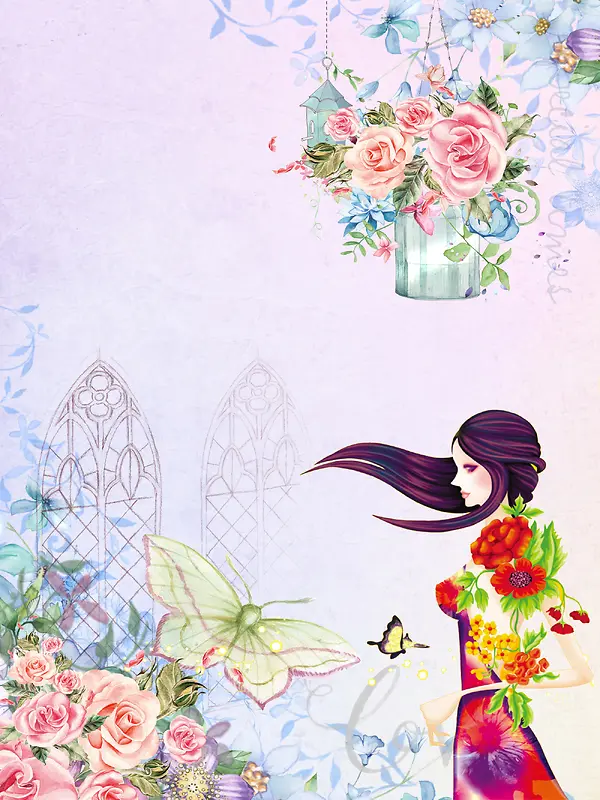 浪漫手绘美女花园海报背景模板