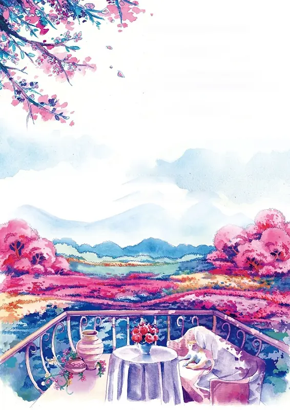 唯美彩绘樱花意境樱花游海报背景素材