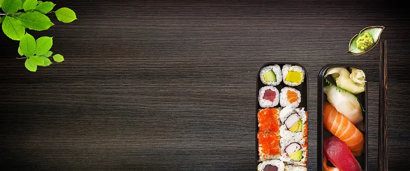 日本寿司绿叶黑板黑色背景