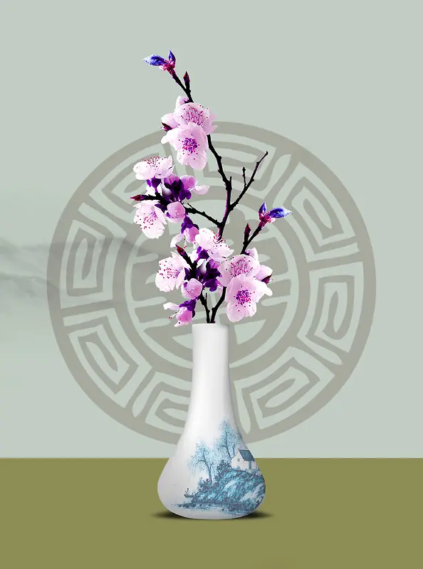 中国风花瓶鲜花绿色背景素材