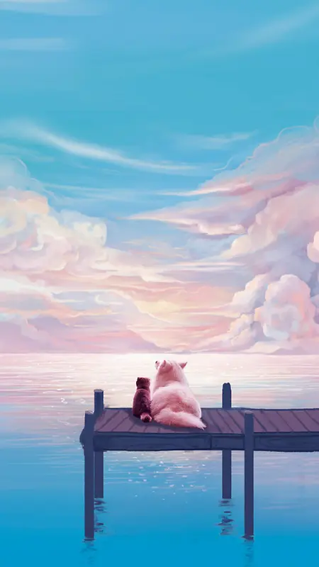 清新浪漫海边粉色云朵桥上猫咪H5背景
