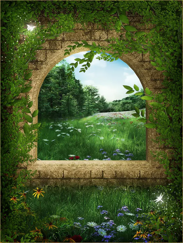 魔幻绿色石拱门背景