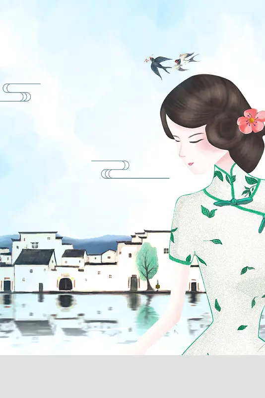 浅蓝色中国风旗袍少女江南中式庭院背景