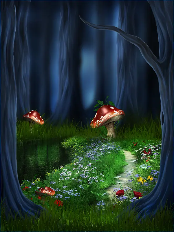 魔幻森林蘑菇童话背景