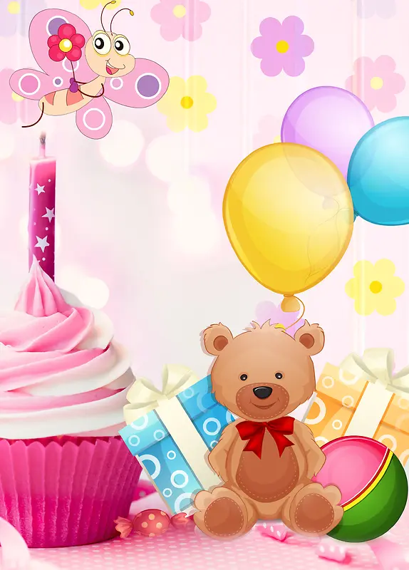 玩具熊生日蛋糕气球卡通浪漫生日海报背景
