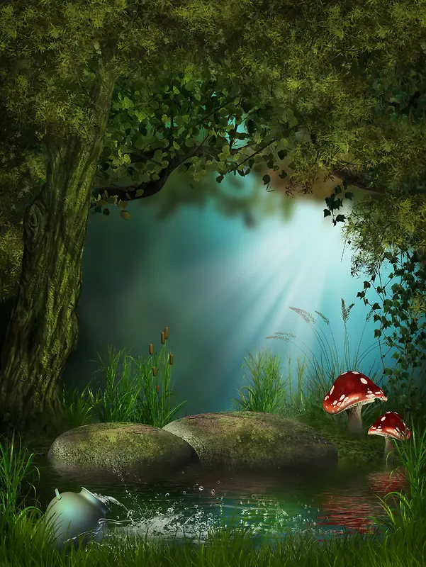 魔幻童话蘑菇绿色背景