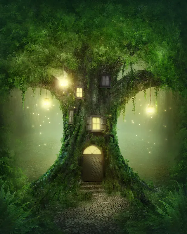 魔幻绿色大树树洞背景