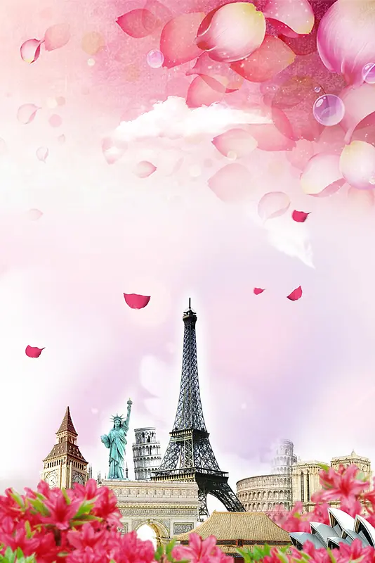 粉色花瓣飘零意境国外旅游海报背景素材