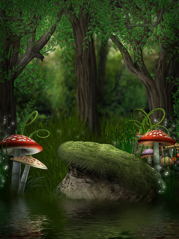 魔幻森林蘑菇绿色背景
