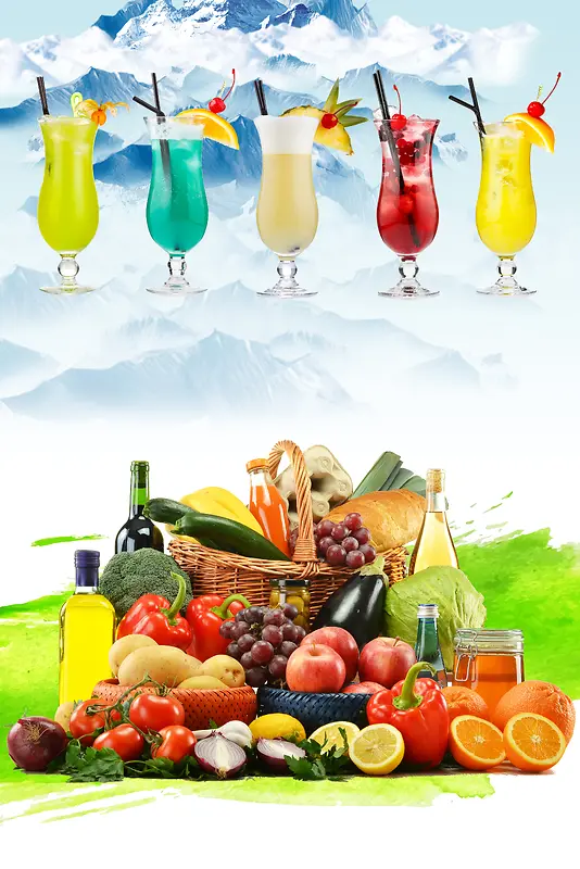 雪山缤纷水果鲜榨果汁海报背景素材