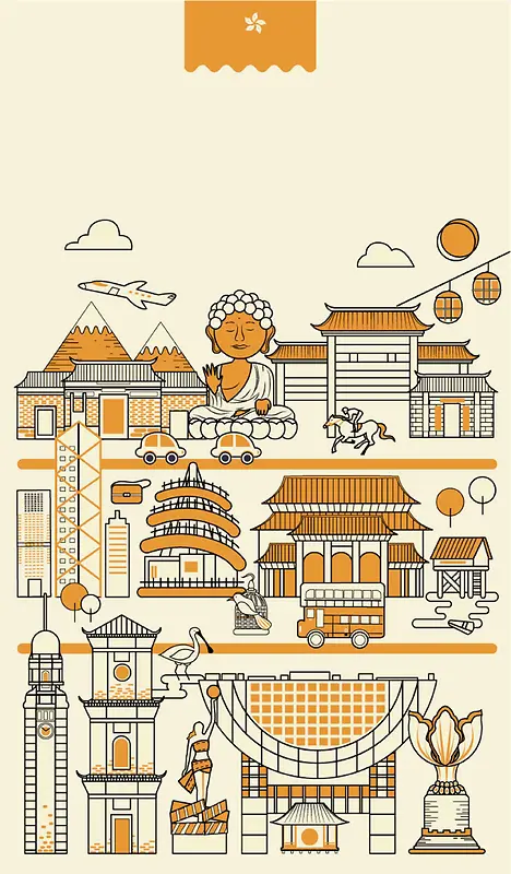 手绘矢量旅游香港景点太平山大佛海报背景