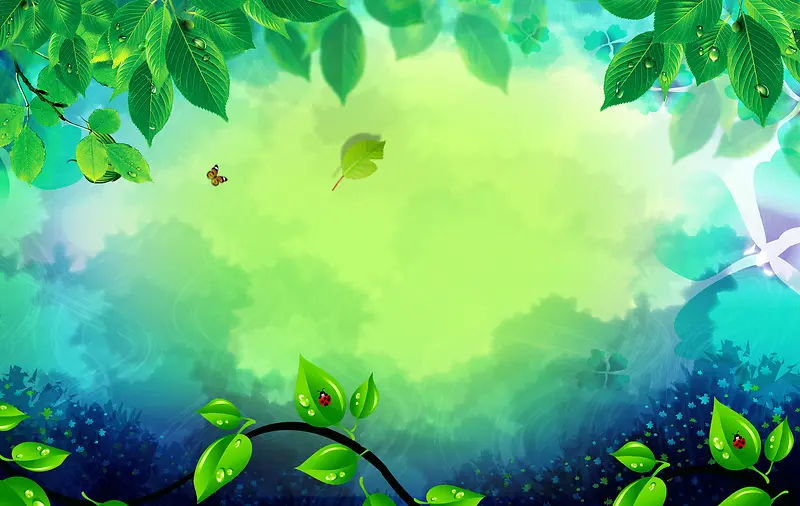 卡通梦幻树叶丛林绿色背景素材