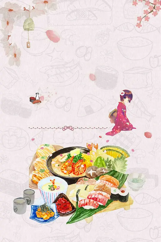 简约日式料理美食手绘海报背景模板