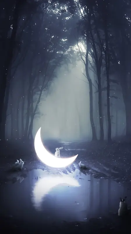 林下月亮兔子插画H5背景