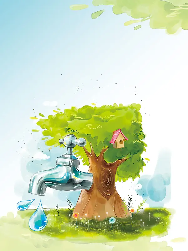 彩色手绘树林大树创意节约用水背景素材
