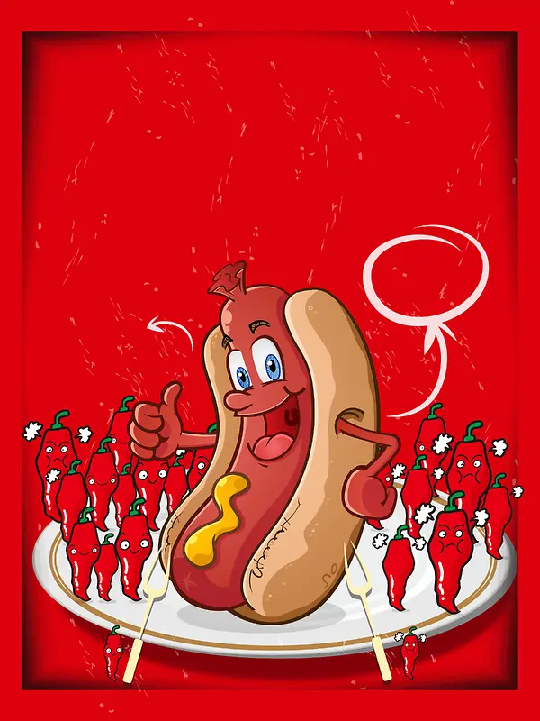红色可爱手绘插画热狗美食海报背景素材