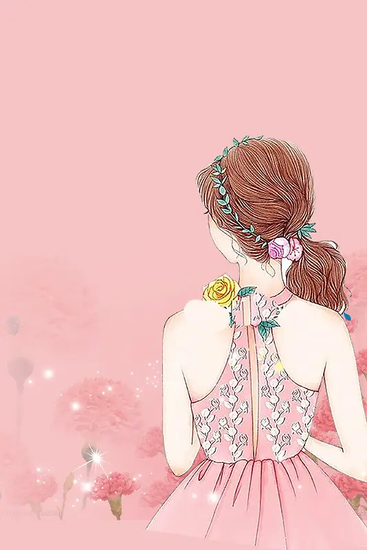 浅粉色手绘女生节少女背影背景
