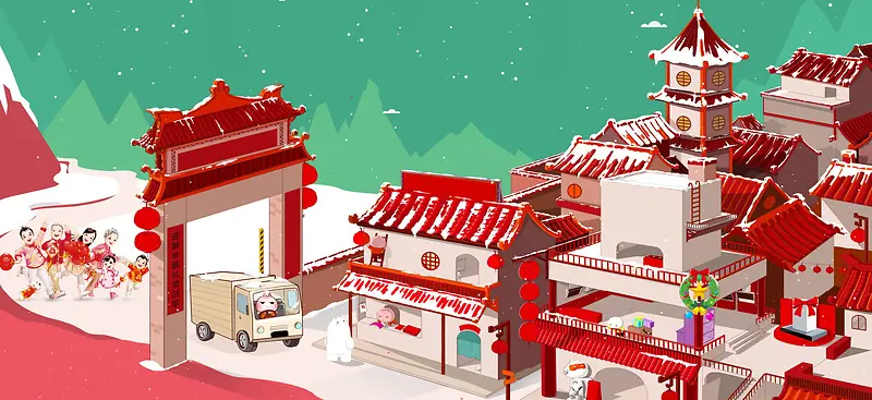 春节卡通童趣红色海报背景