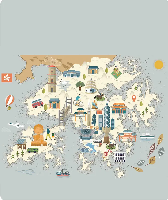 手绘矢量旅游香港景点地图香港岛海报背景