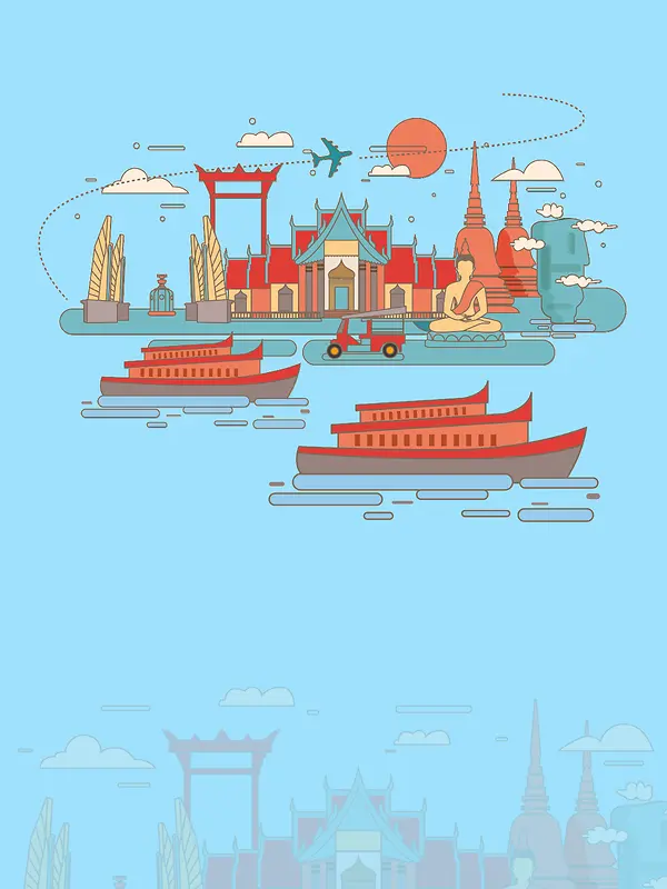 手绘简约泰国建筑旅游文化海报背景素材