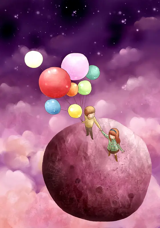梦幻太空气球情侣浪漫背景素材