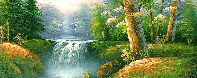 抽象油画森林瀑布淘宝网站背景图