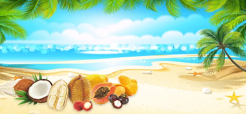 海边热带水果渐变蓝天背景