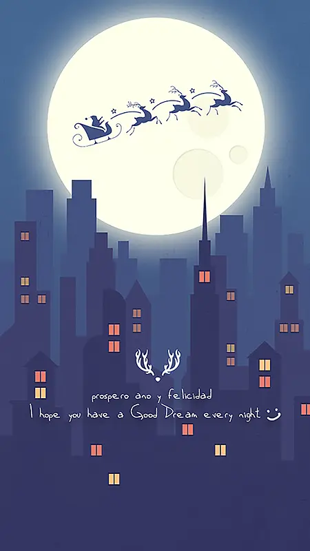 夜晚圣诞城市月亮麋鹿